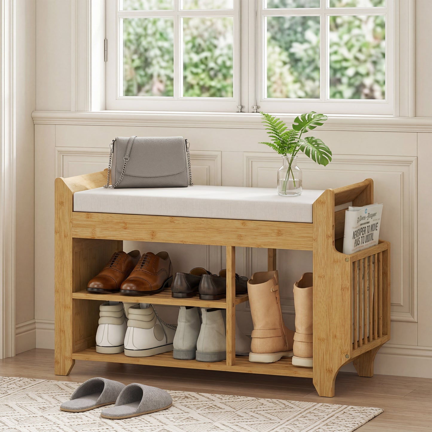 HOMCOM 2 Tier Shoe Bench With Cushioned Seat For Entryway Storage Natural And Cream 100 x 30 x 50 cm