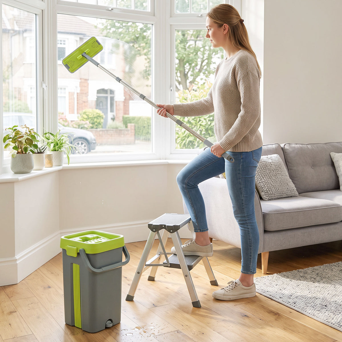 Flat mop and bucket set with wringer bucket and swivel mop head cleaning near a sofa
