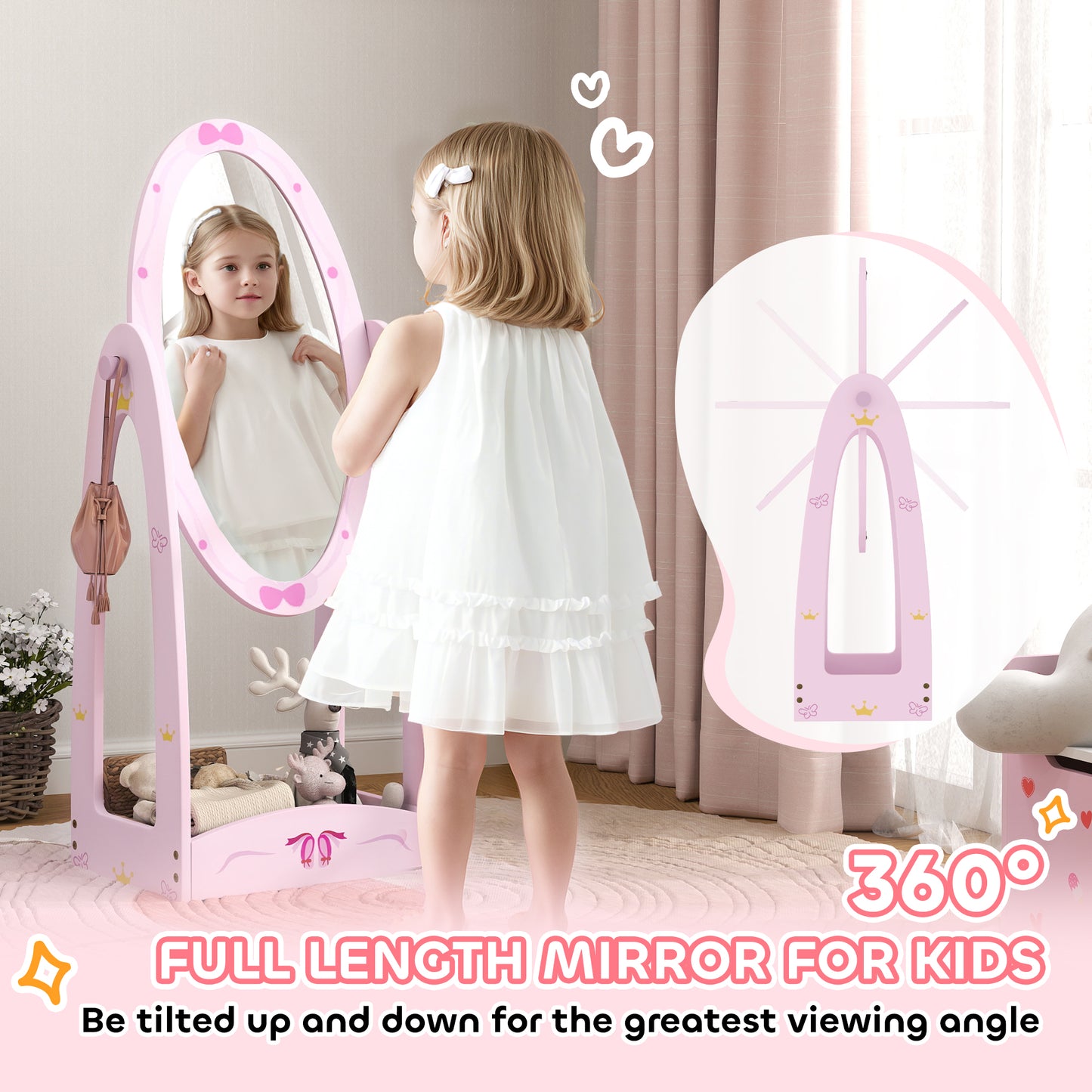 Women's Aiyaplay Kids Clothes Rail, Kids Dressing Mirror With 360° Rotating, 2 Piece Kids Furniture Set With Storage Shelves,