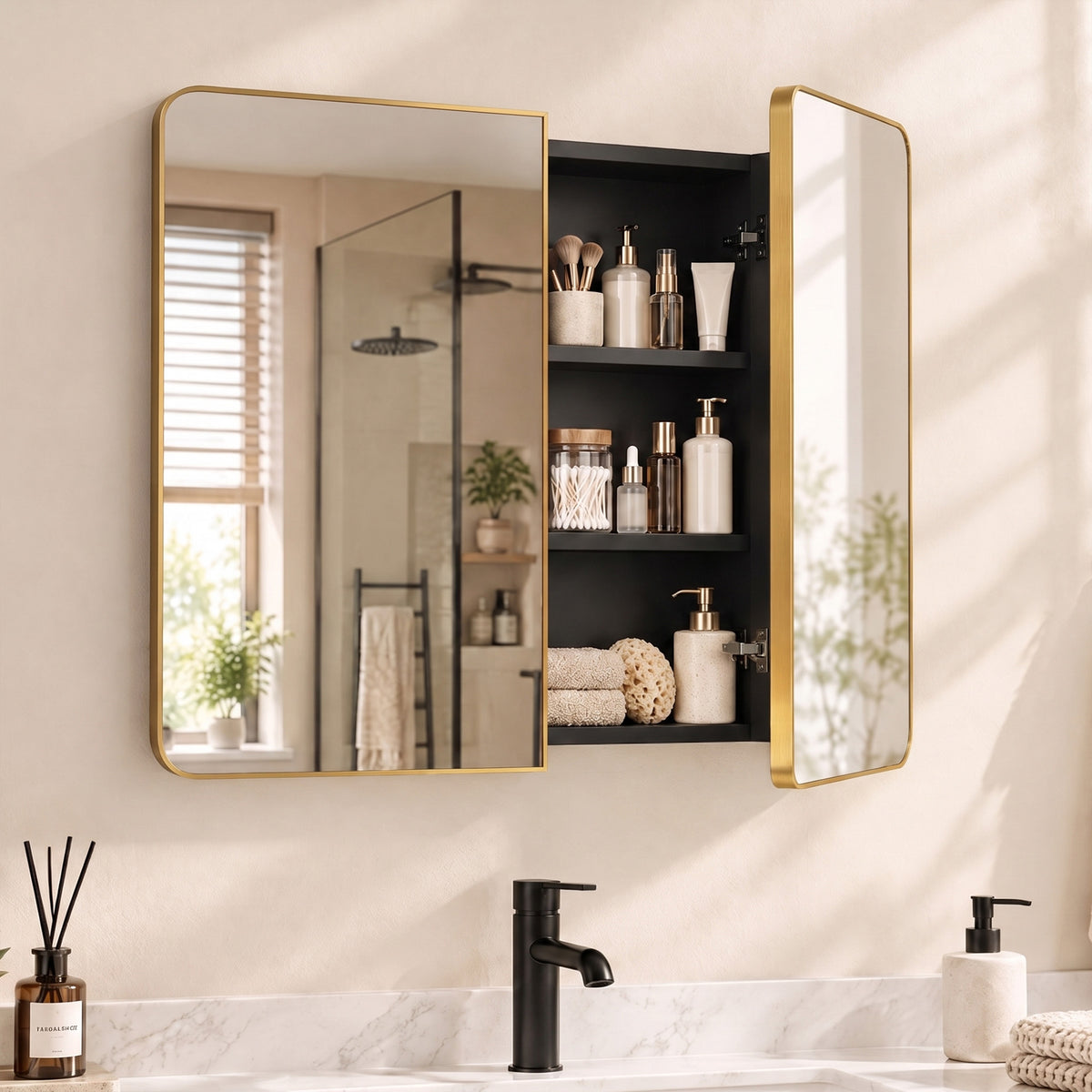 Gold-tone bathroom mirror cabinet with two hinged doors and open shelving