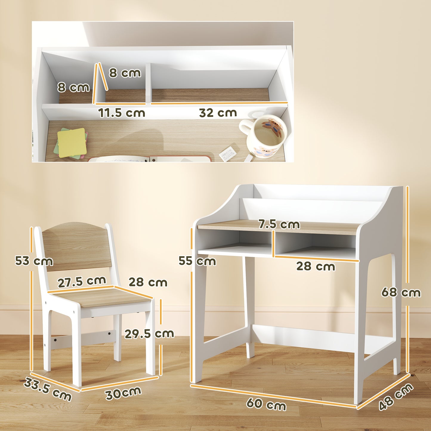 AIYAPLAY Kids Desk And Chair Set With Storage Shelves For Study Room Ideal Gift For Three To Eight Years Natural