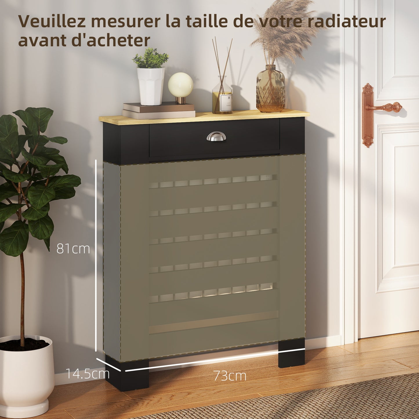 HOMCOM Black Radiator Cover With Drawer 95.5H x 78W cm Slim Slatted Cabinet Heat Shield