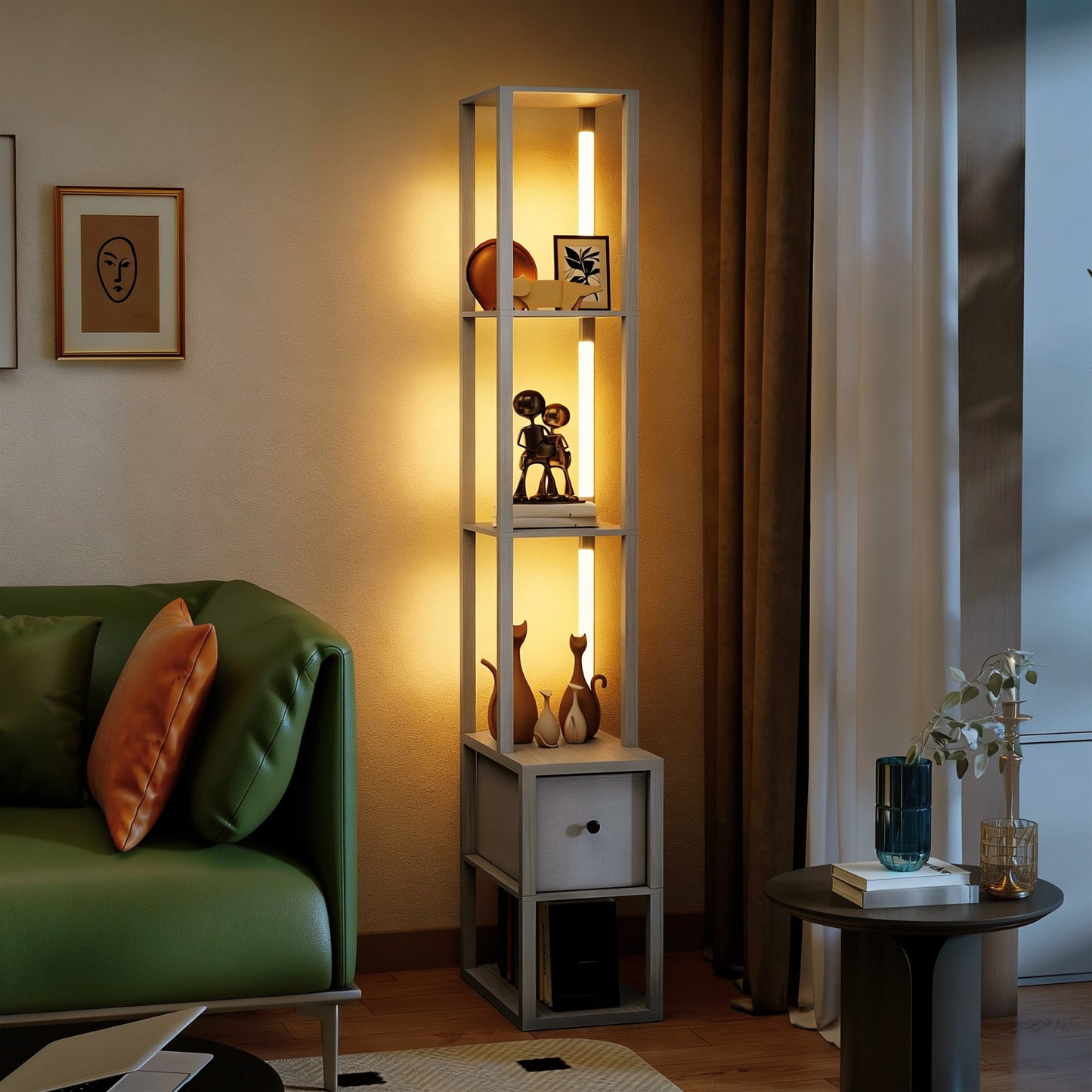 HOMCOM Floor Lamp With Shelves LED Column Modern Standing Lamp Fabric Drawer Adjustable Brightness Foot Switch Oak