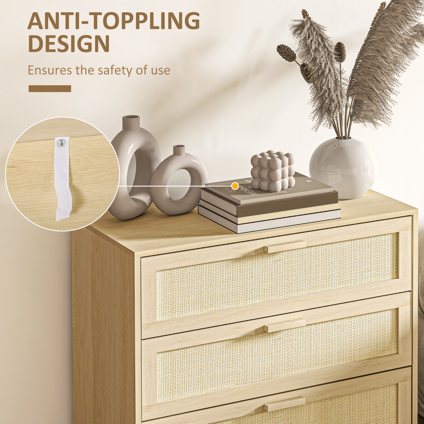 HOMCOM Chest Of Drawers And Nightstands Boho Rattan Furniture Set Natural Wood Finish