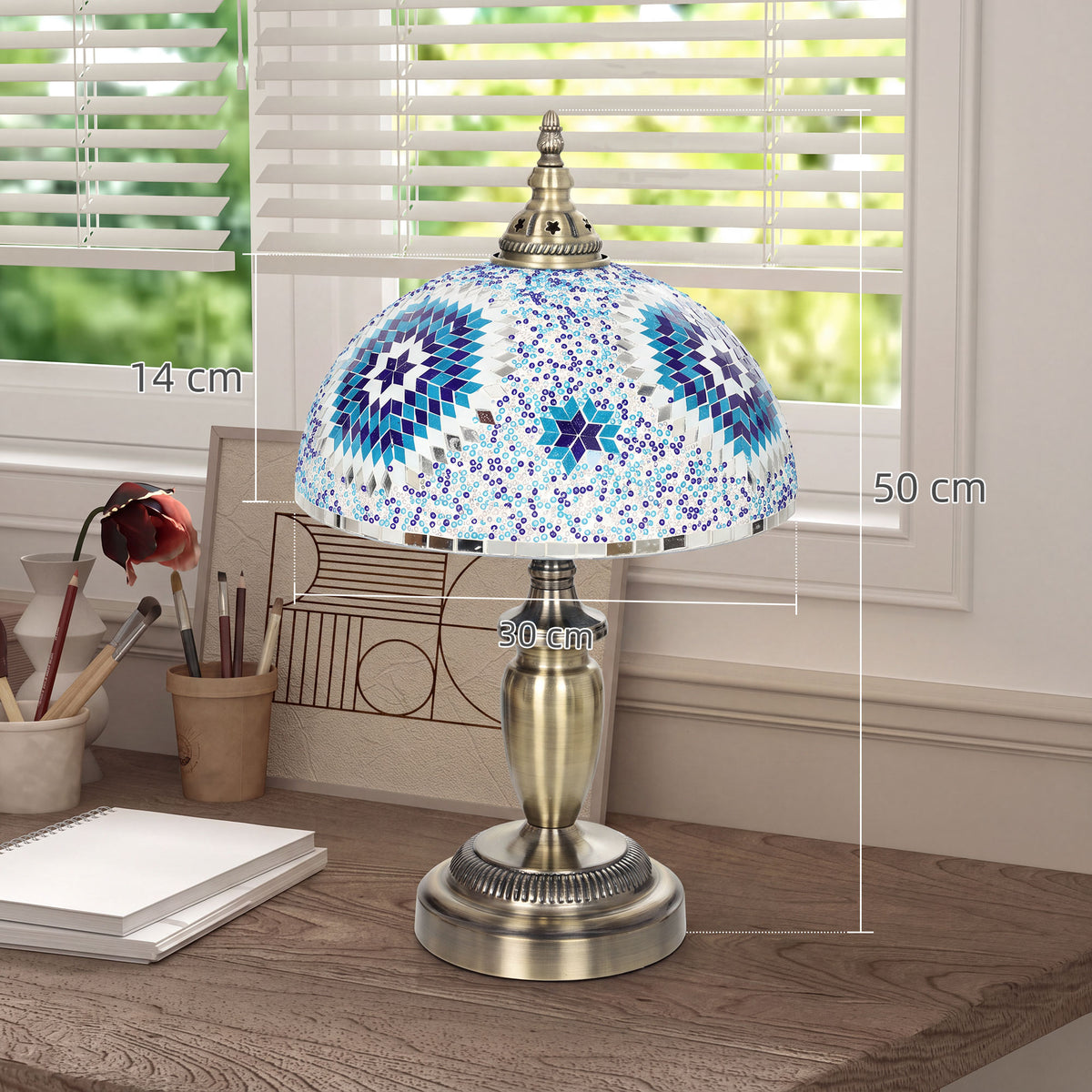 Homcom Blue Tiffany Stained Glass Bedside Table Lamp With Metal Base