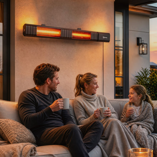 Black wall-mounted infrared patio heater with glowing heating elements above outdoor sofa