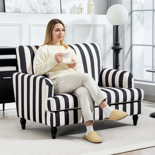 HOMCOM Modern Velvet Cuddle Chair With Stripe Armchair Turned Legs Wide Seat For Living Room And Bedroom Black And White