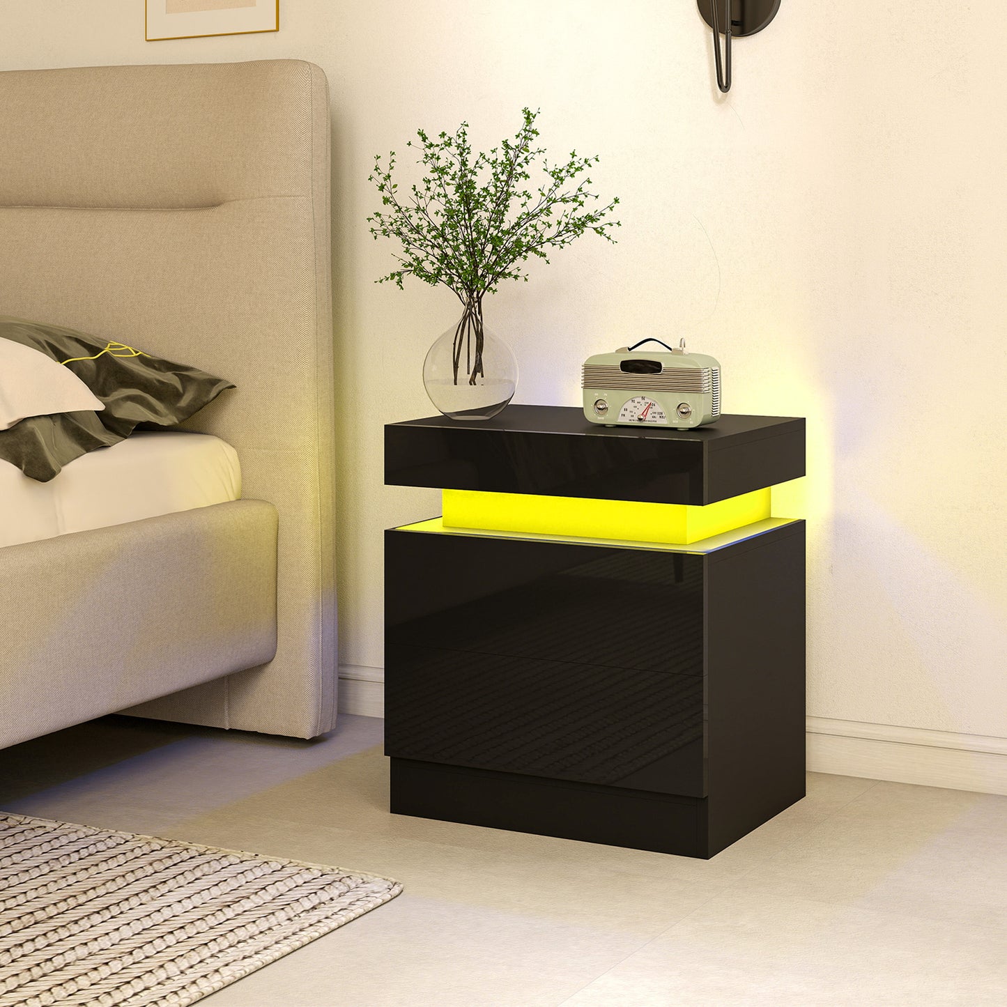 HOMCOM Black LED Bedside Table Set Of 2 With Color Changing Light High Gloss Front Nightstands With Two Drawers