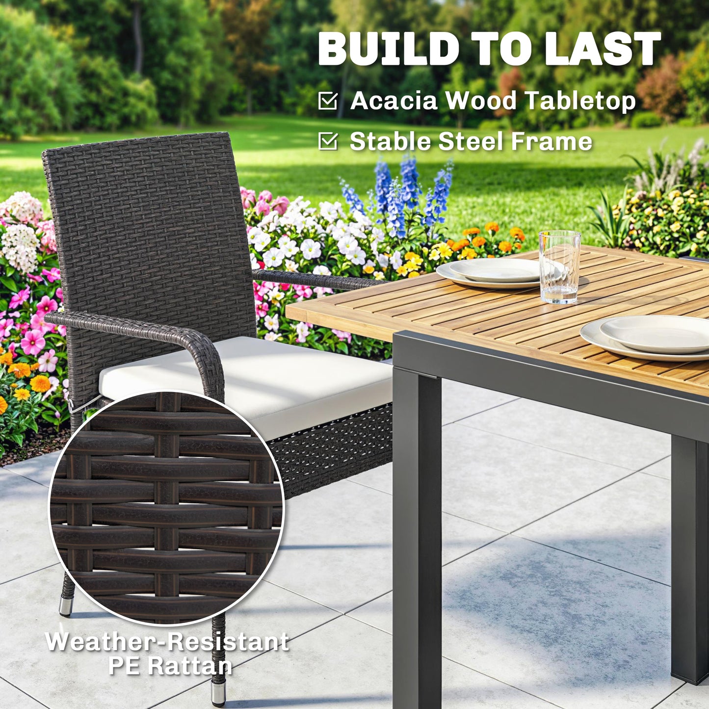 Outsunny 7 Piece Rattan Garden Furniture Set With Extendable Acacia Wood Tabletop 6 Stackable Chairs