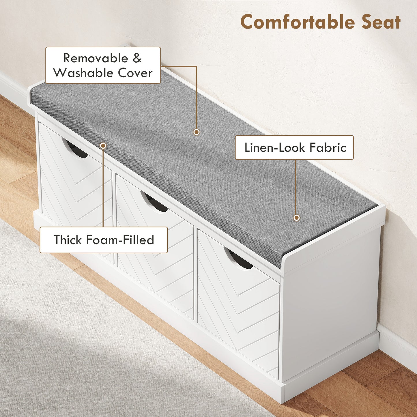 HOMCOM 3-Drawer Padded Shoe Bench With Breathable Washable Linen-Look Cover White