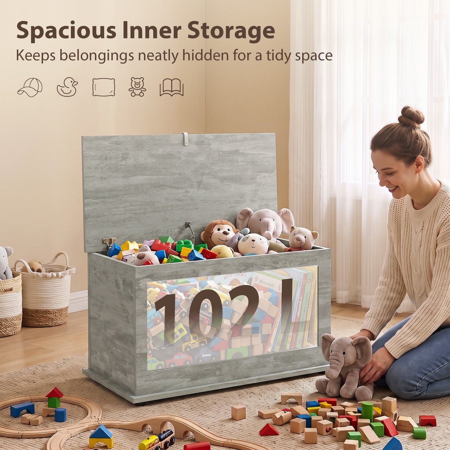 Grey HOMCOM 102L Wooden Storage Bench With Safety Hinged Lid