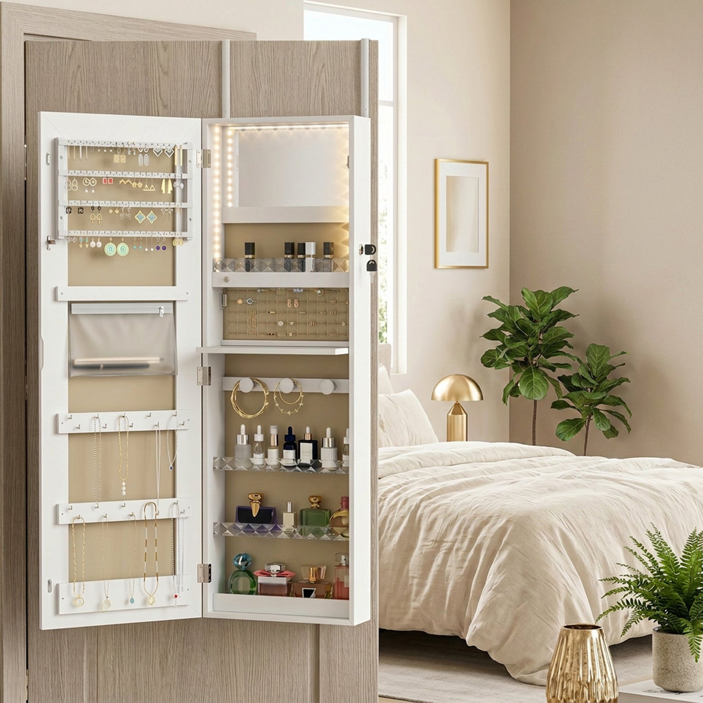 HOMCOM LED Mirror Jewellery Cabinet Wall Mounted Full Length Mirror With Storage Lockable Jewellery Organiser White