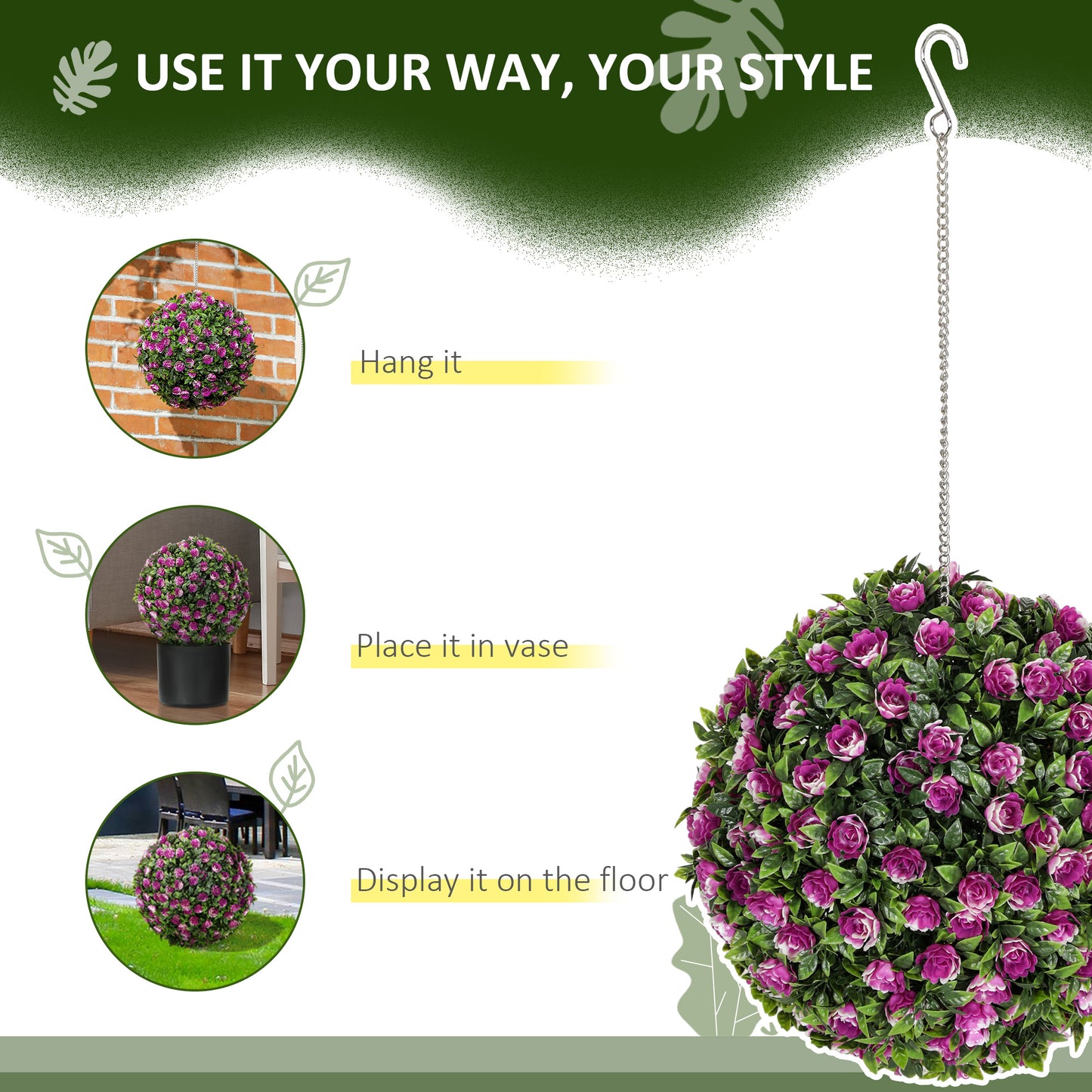 HOMCOM Set of 2 Decorative Artificial Plants UV Protected Topiary Rose Balls 28cm Purple Indoor Outdoor Decor