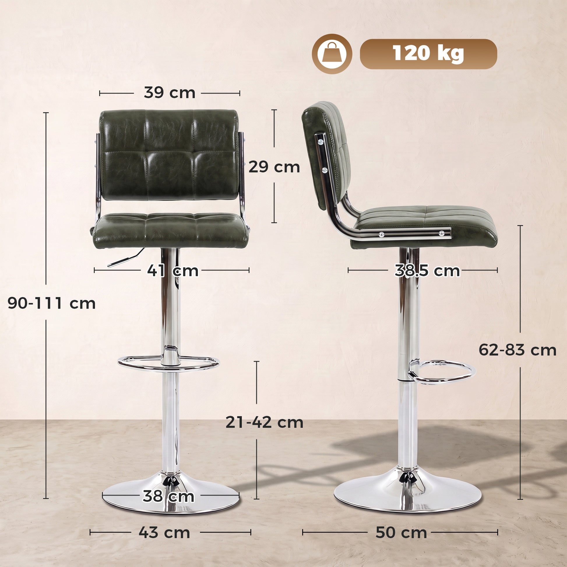 Green PU leather adjustable bar stool with backrest, footrest, and chrome base