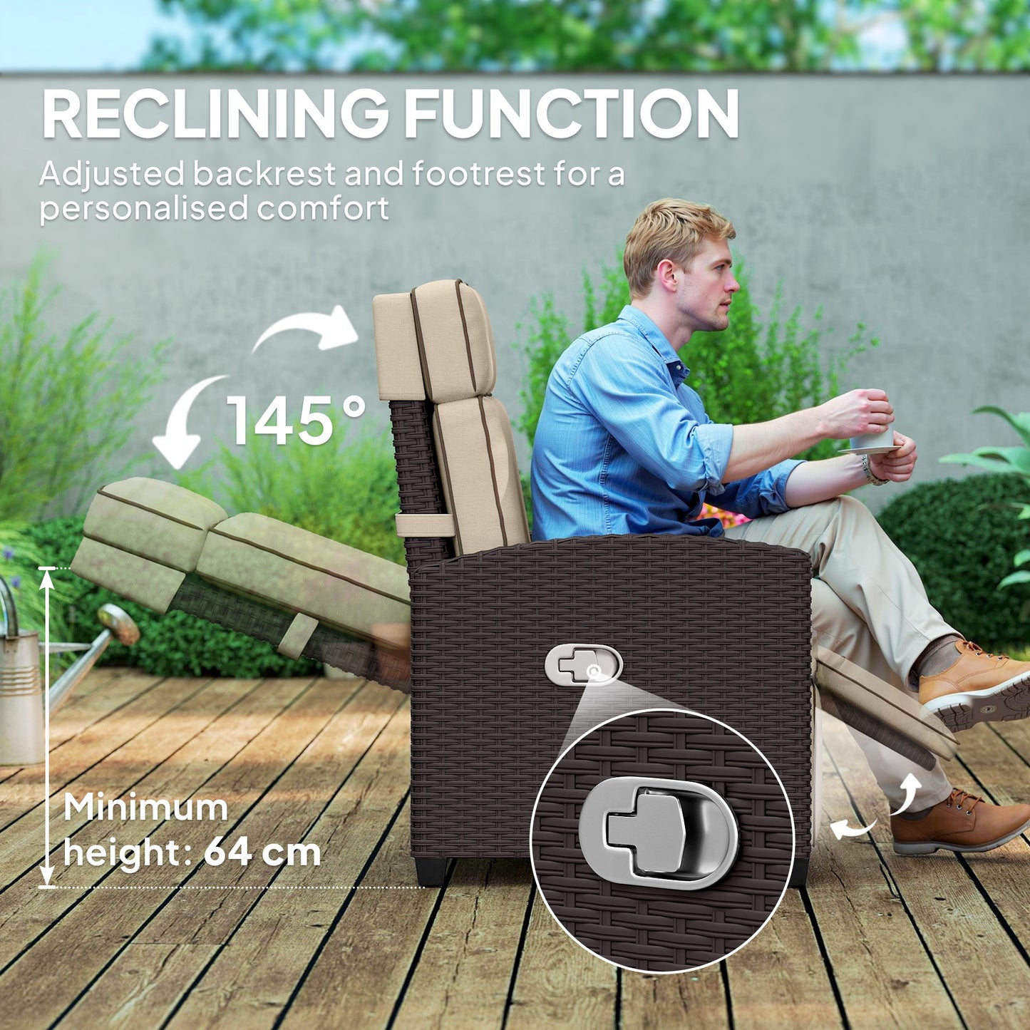 Outsunny 145 Degree Reclining Rattan Armchair With Footrest Outdoor Patio Brown Khaki