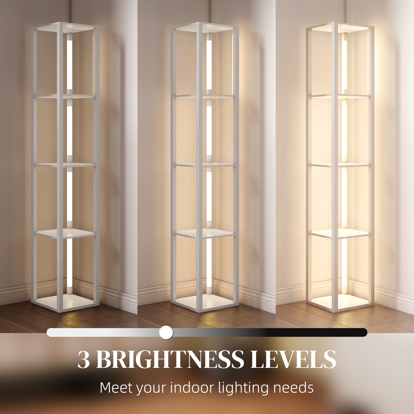 HOMCOM Floor Lamp With Shelves And Three Brightness Levels Warm White LED Light For Living Room