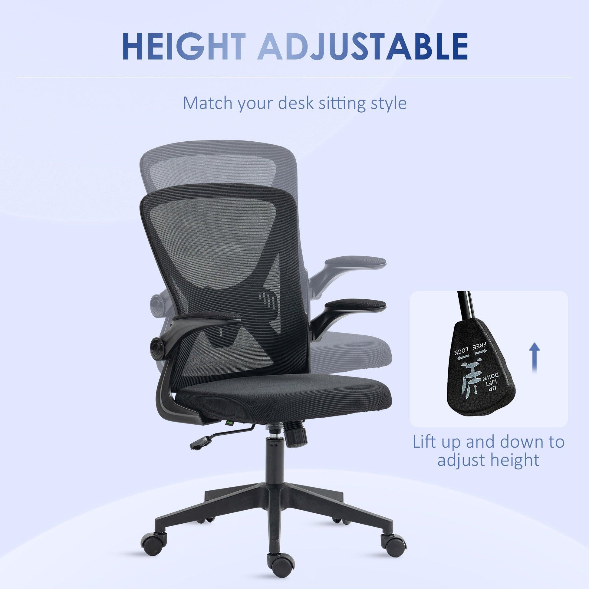 Vinsetto Mesh Office Chair with Flip-up Armrests, Ergonomic Computer Desk Chair with Lumbar Support and Swivel Wheels, Black - ALL4U RETAILER LTD