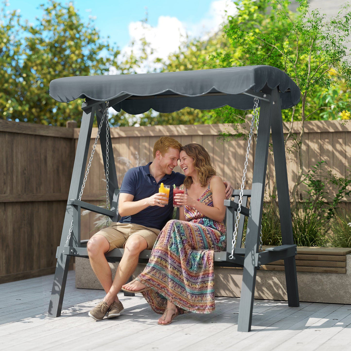 Outsunny 2 Seater Garden Swing With Canopy Wooden Outdoor Swing Chair Hammock Bench For Balcony Patio Porch Grey