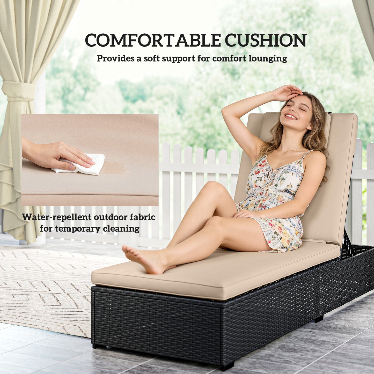 Outsunny Rattan Sun Lounger With Five Position Reclining Back Side Tray And Cushioned Seat In Black