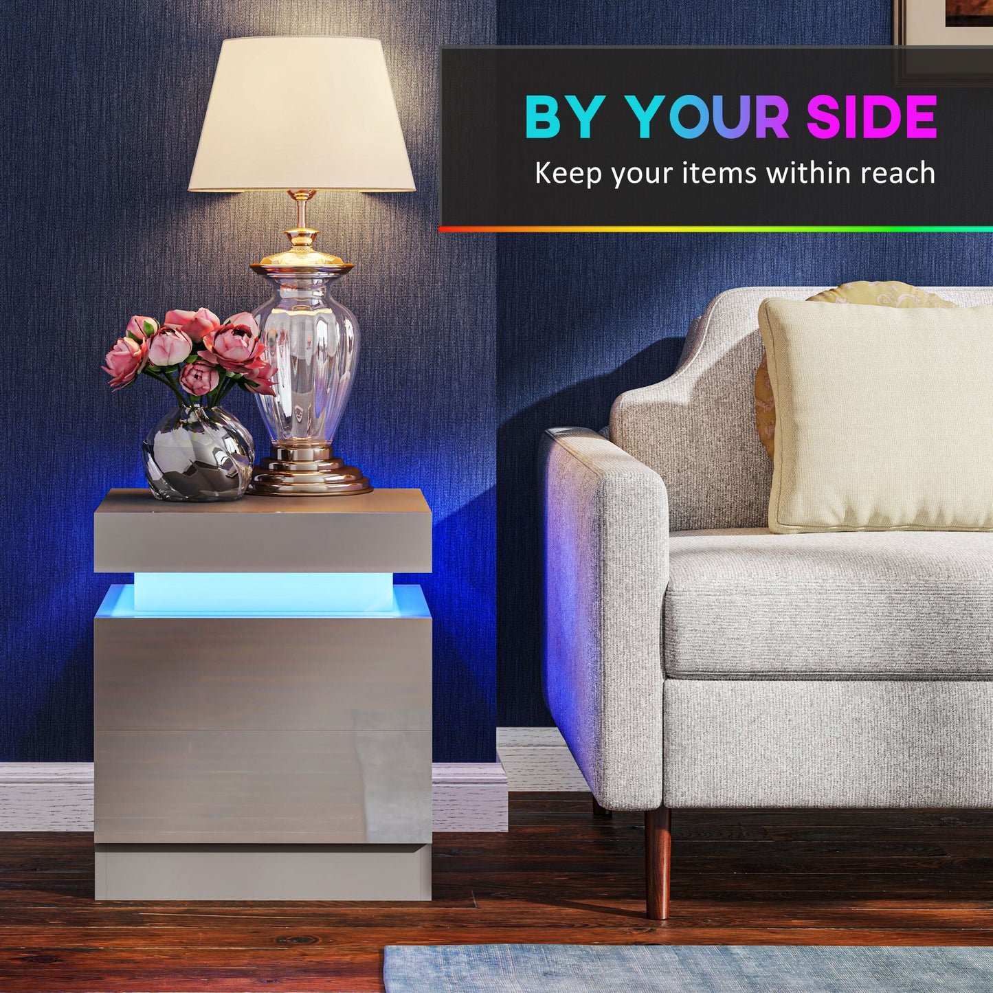 HOMCOM Grey Bedside Table With LED Light Panel And Bluetooth Music Sync High Gloss Front Nightstand With 2 Drawers