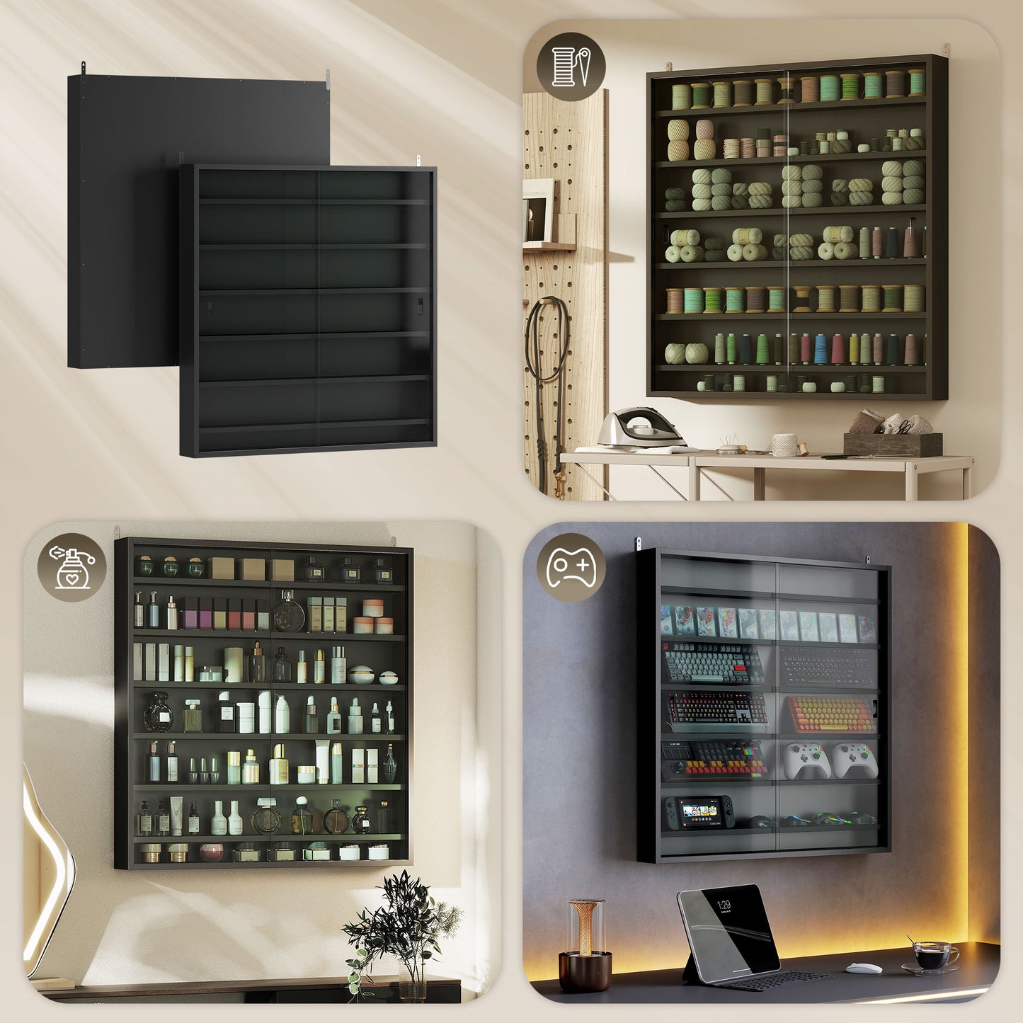 HOMCOM Six Shelf Display Cabinet With Glass Doors Black For Display And Storage Adjustable Shelves In Eleven Positions