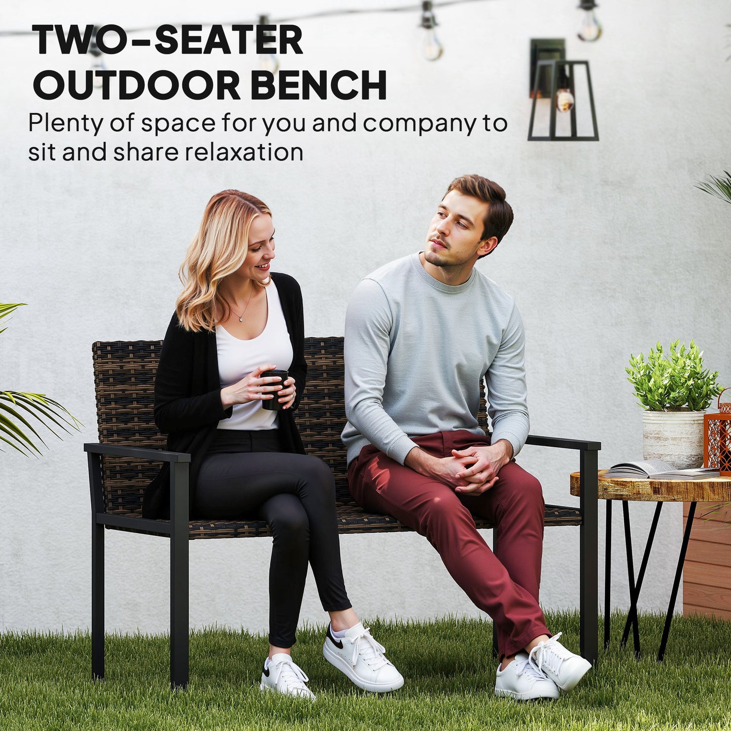 Outsunny Two Seater Rattan Garden Bench With Quick Drying Padding And Armrests Steel Frame Patio Loveseat Mixed Brown