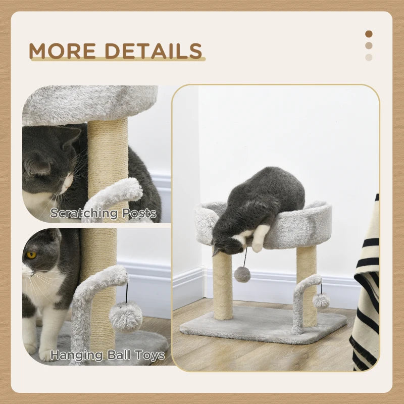 PawHut 42cm Indoor Cat Tree with Toy Balls and Sisal Scratching Post - Light Grey - Interactive Play Center for Cats - ALL4U RETAILER LTD