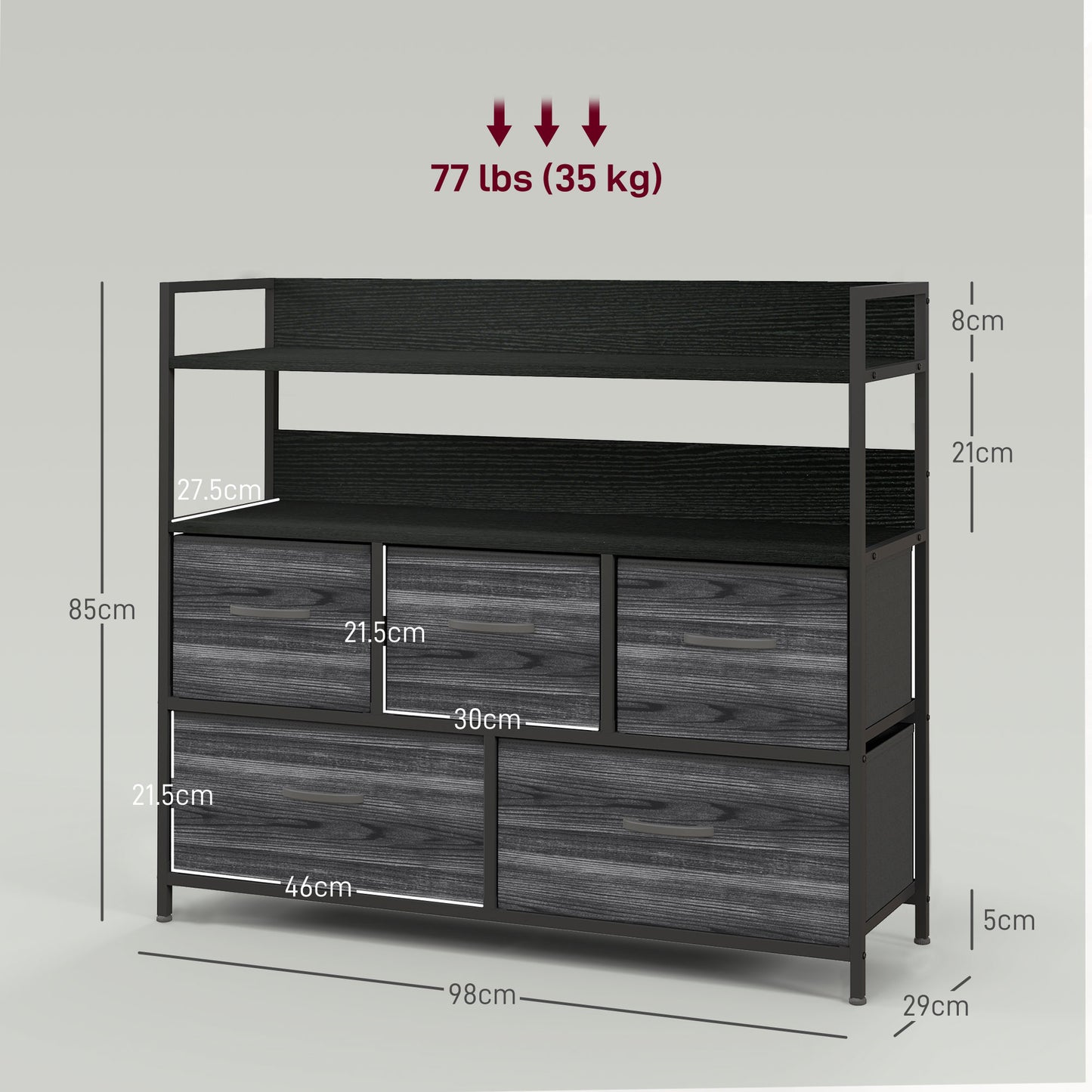 HOMCOM Rustic Chest Of Five Fabric Drawers Black Industrial Storage Solution For Bedroom