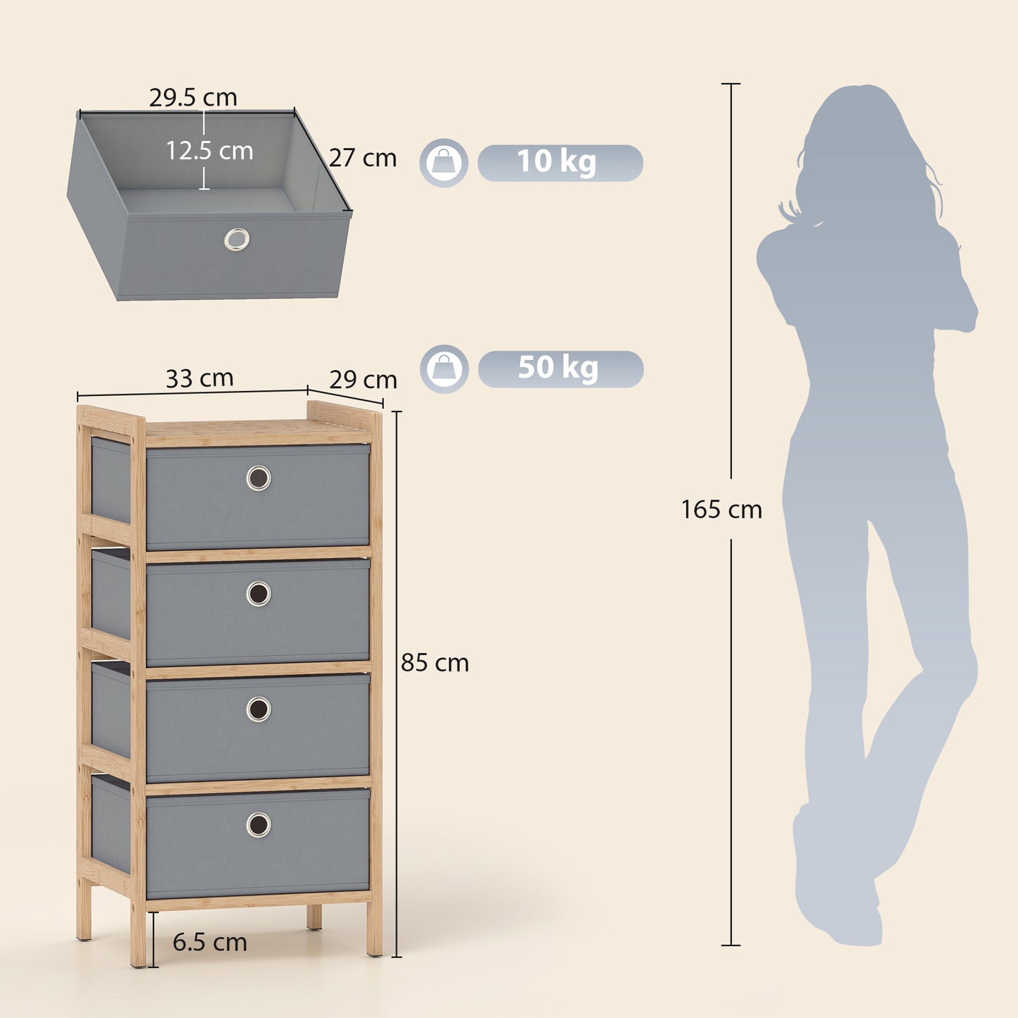HOMCOM Chest of Drawers Narrow Dresser With Four Fabric Drawers and Bamboo Frame in Light Grey