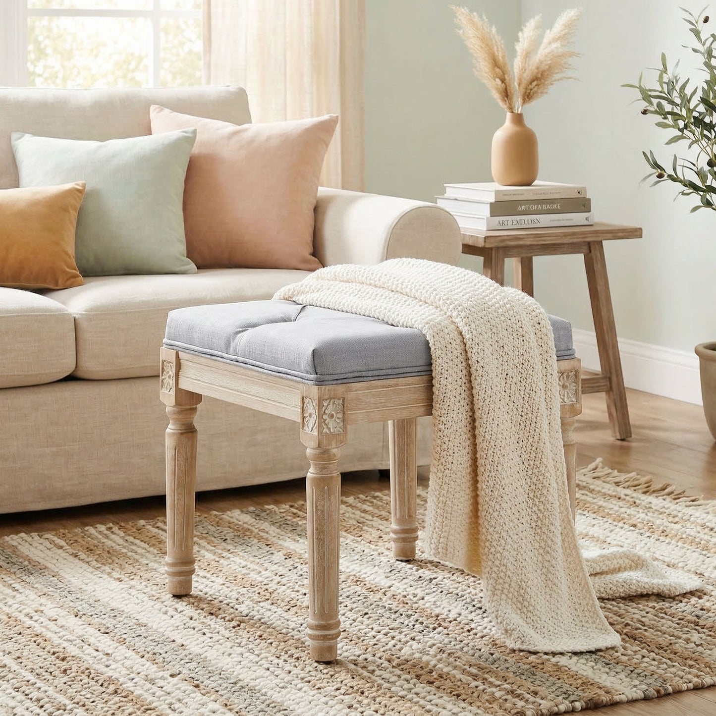 HOMCOM Vintage Foot Stool With Tufted Square Seat And Wood Legs In Light Grey Soft Cushioned Comfort