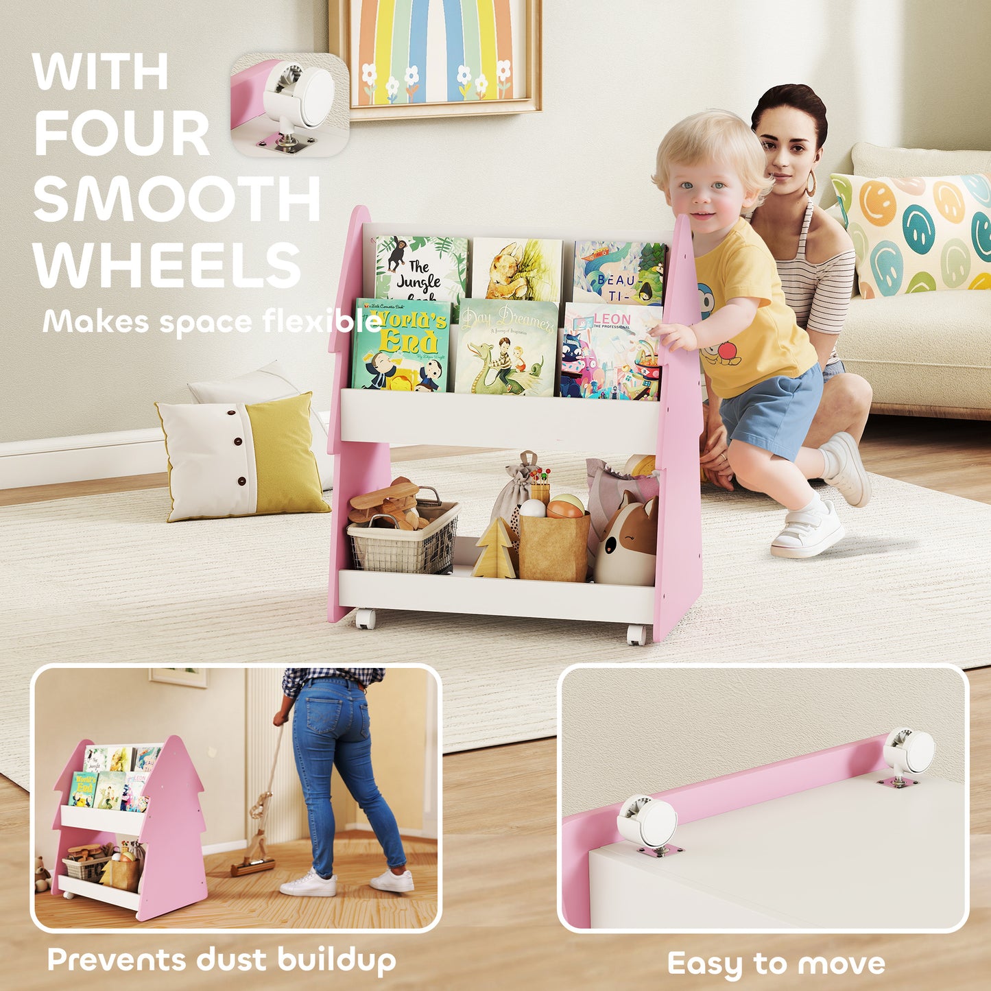 AIYAPLAY Double Sided Kids Bookcase With Toy Storage On Wheels 3 Tier Pink Bedroom Organizer