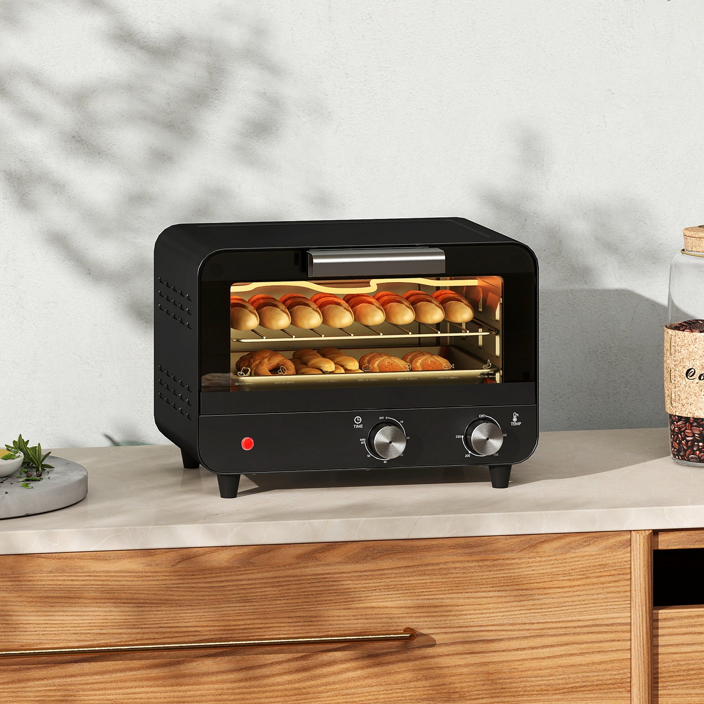 HOMCOM 12L Multifunction Mini Countertop Toaster Oven With Glass Door Adjustable Temperature And Timer Black