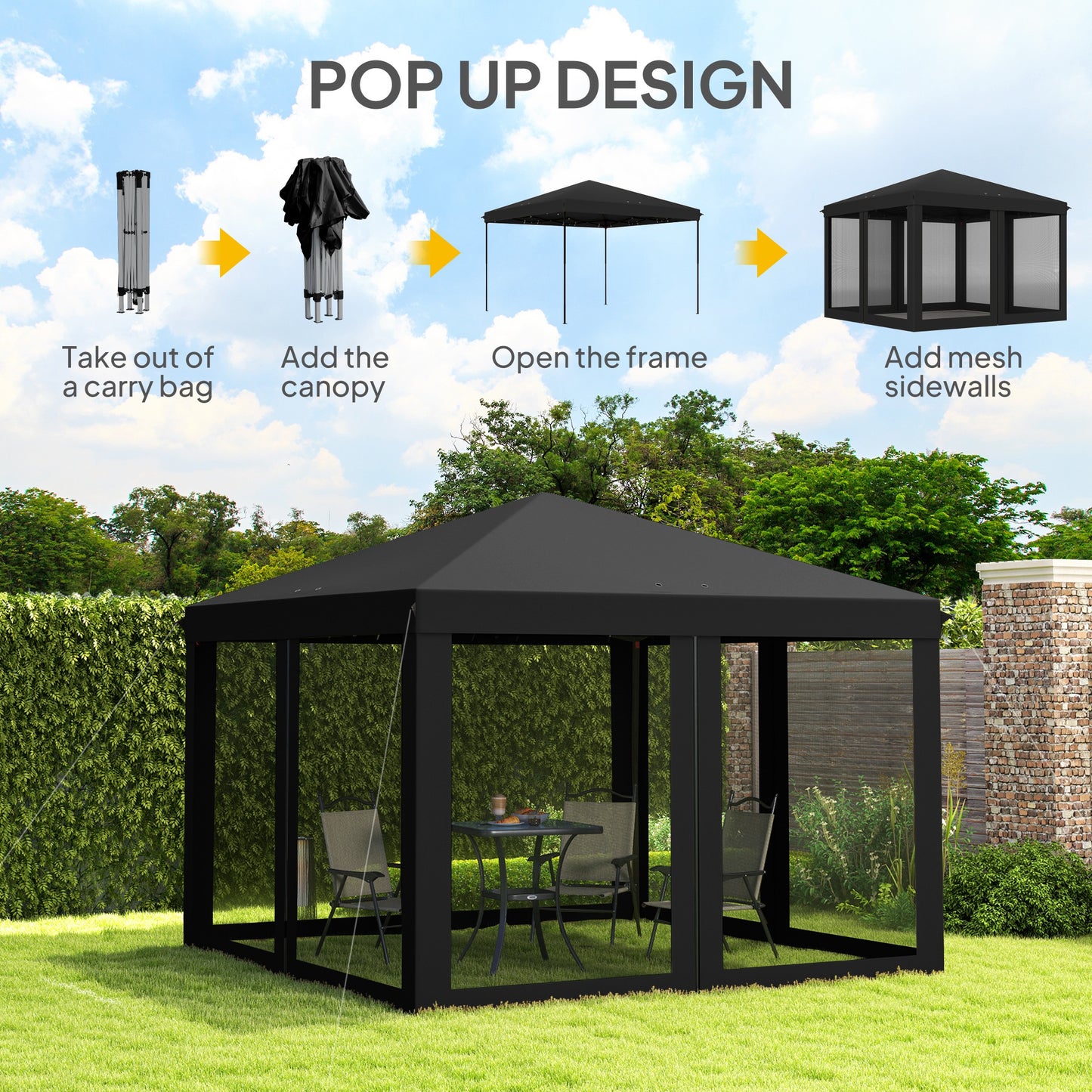 Outsunny 3 X 3 M Pop Up Gazebo With 420D Canopy Removable Mesh Sidewall Netting Carry Bag Black
