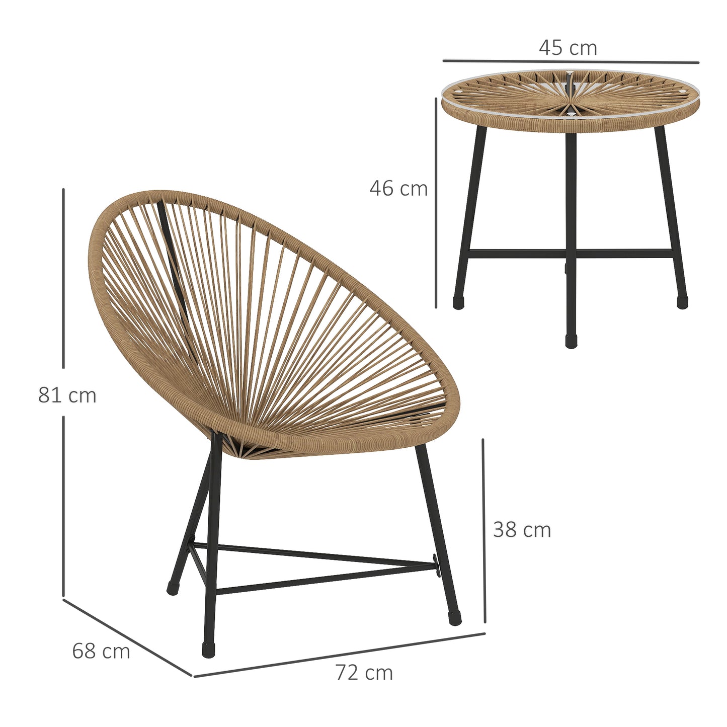 Outsunny Three Piece Rattan Bistro Set With Acapulco Chairs And Glass Top Table For Outdoor Patio Balcony Natural