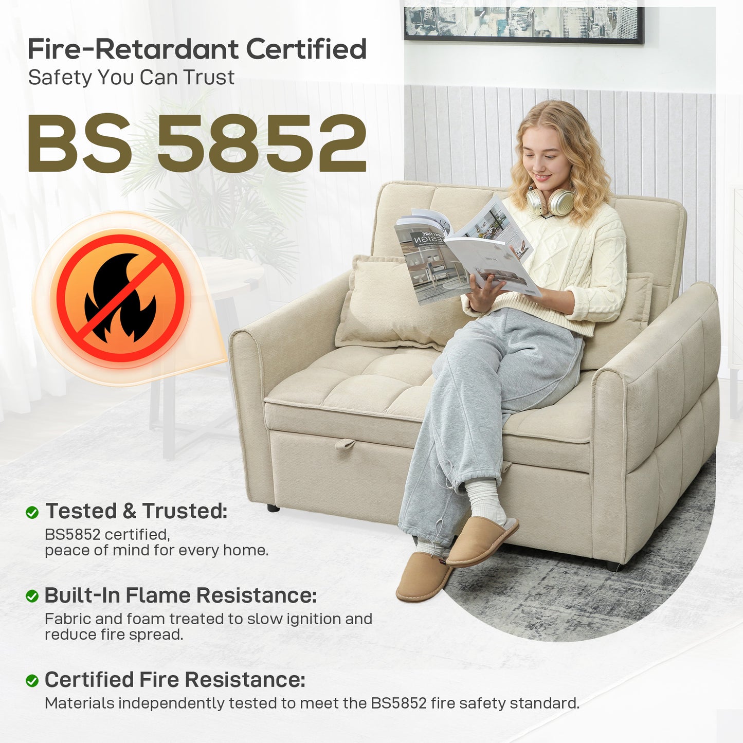 HOMCOM 2 Seater Sofa Bed 3 In 1 Convertible Sleeper Sofa With Click Clack Adjustable Backrest And 2 Pillows Light Brown