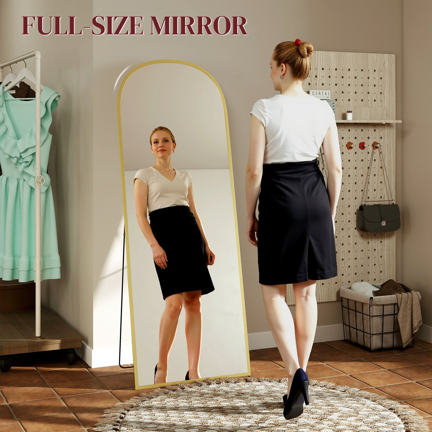 HOMCOM 165cm Aluminium Frame Standing Mirror Gold With Two Way Use And Wall Mount Option Full Length Floor Mirror