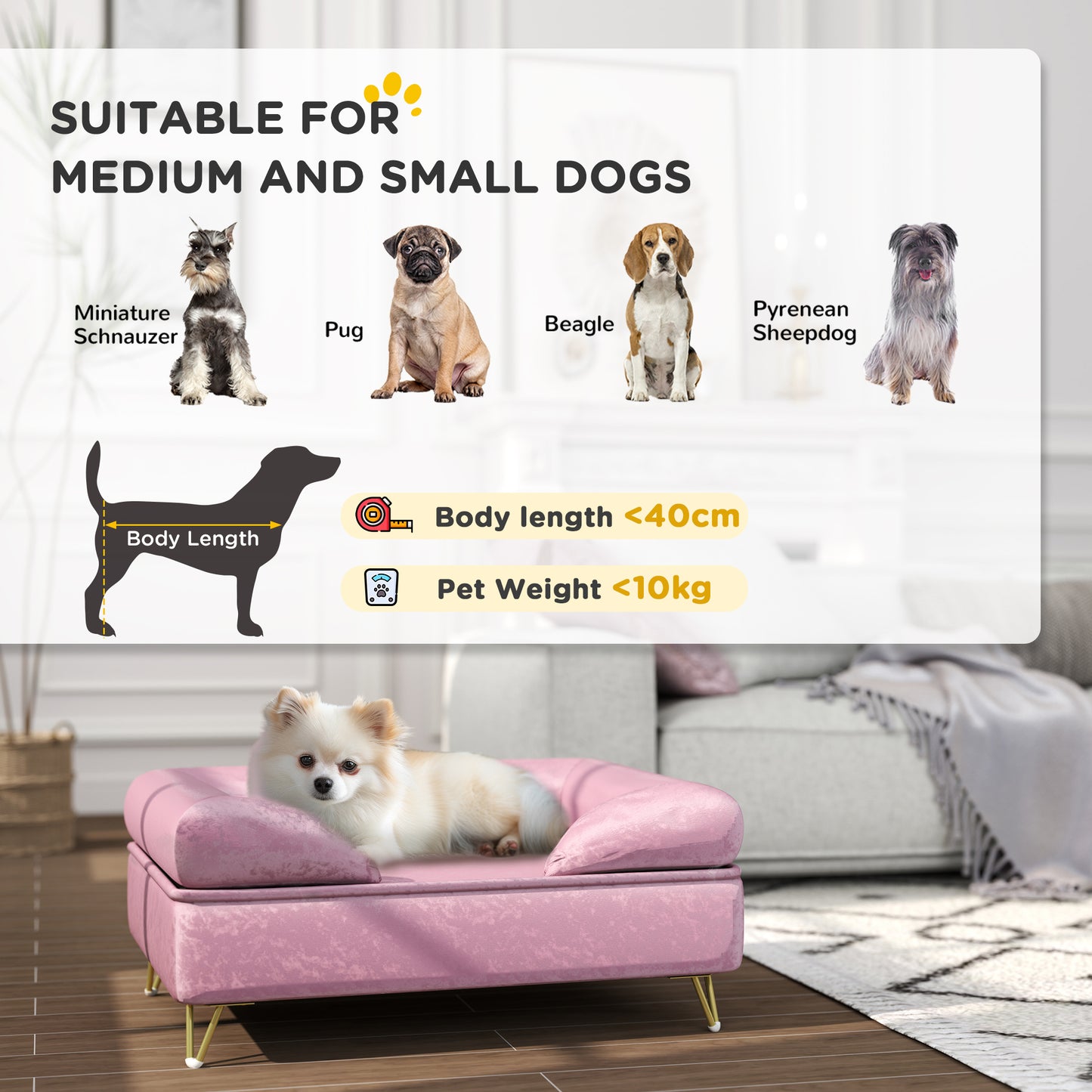 PawHut Luxurious Pink Dog Sofa with Removable Backrest and Washable Cover for Small to Medium Pets - ALL4U RETAILER LTD