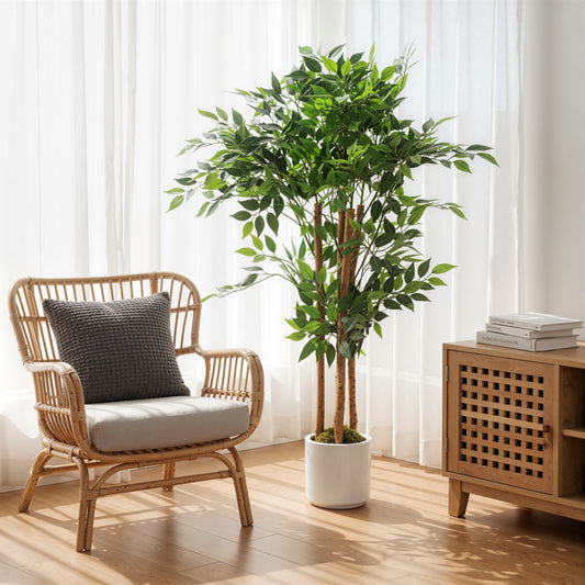 HOMCOM 120cm Artificial Ficus Tree With Solid Wood Trunk And Potted White Pot For Indoor Use Real Touch PEVA Leaves Green