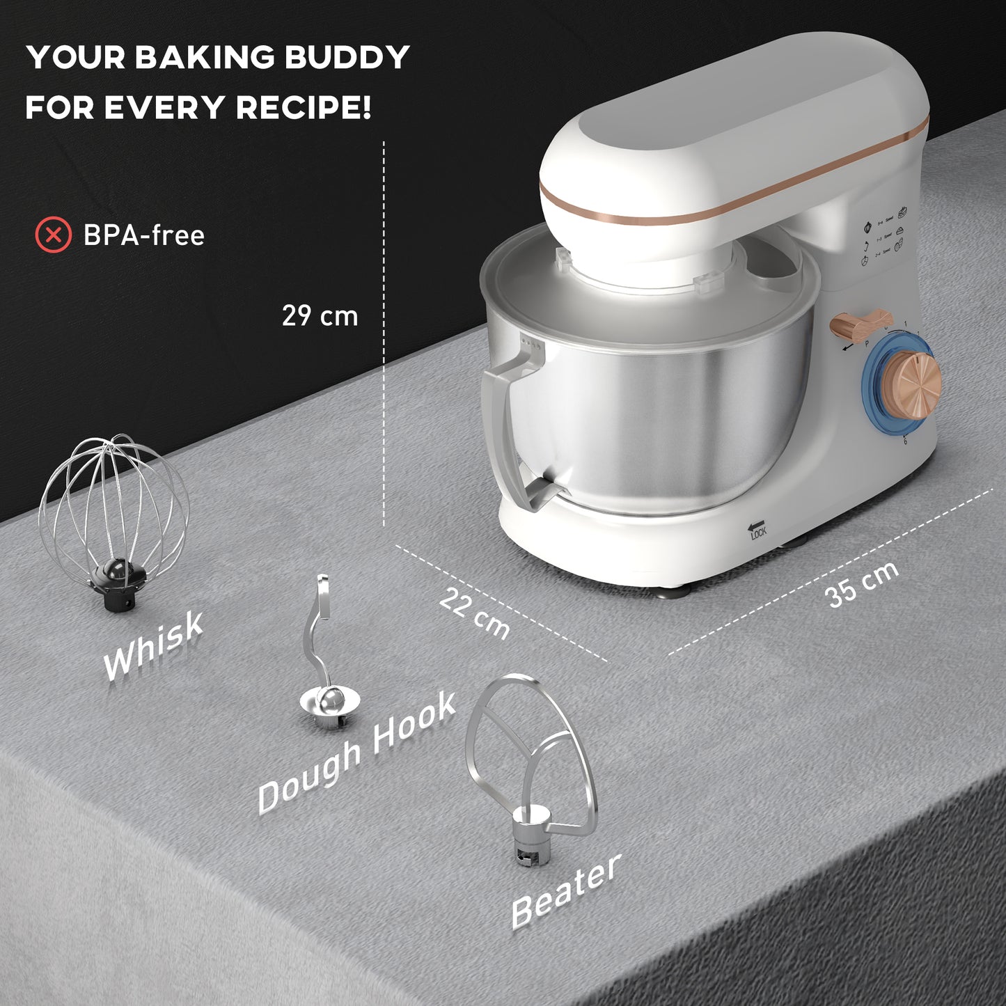 HOMCOM 1300W Stand Mixer With Accessories White 4.5L Stainless Steel Bowl Whisk Dough Hook Beater