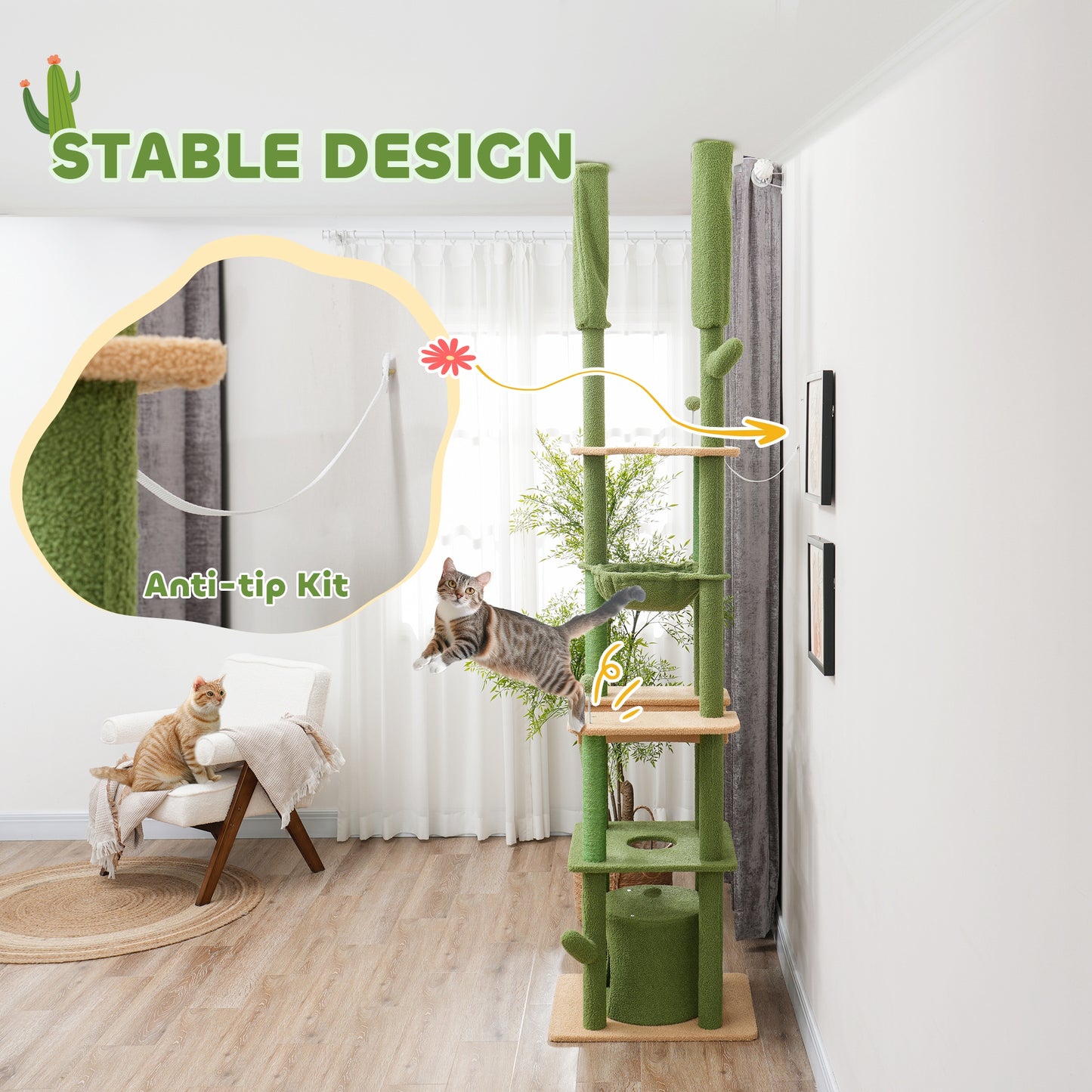 PawHut Adjustable Green Cat Tower: Floor to Ceiling Cat Tree with Hammocks & Scratching Posts for Indoor Use