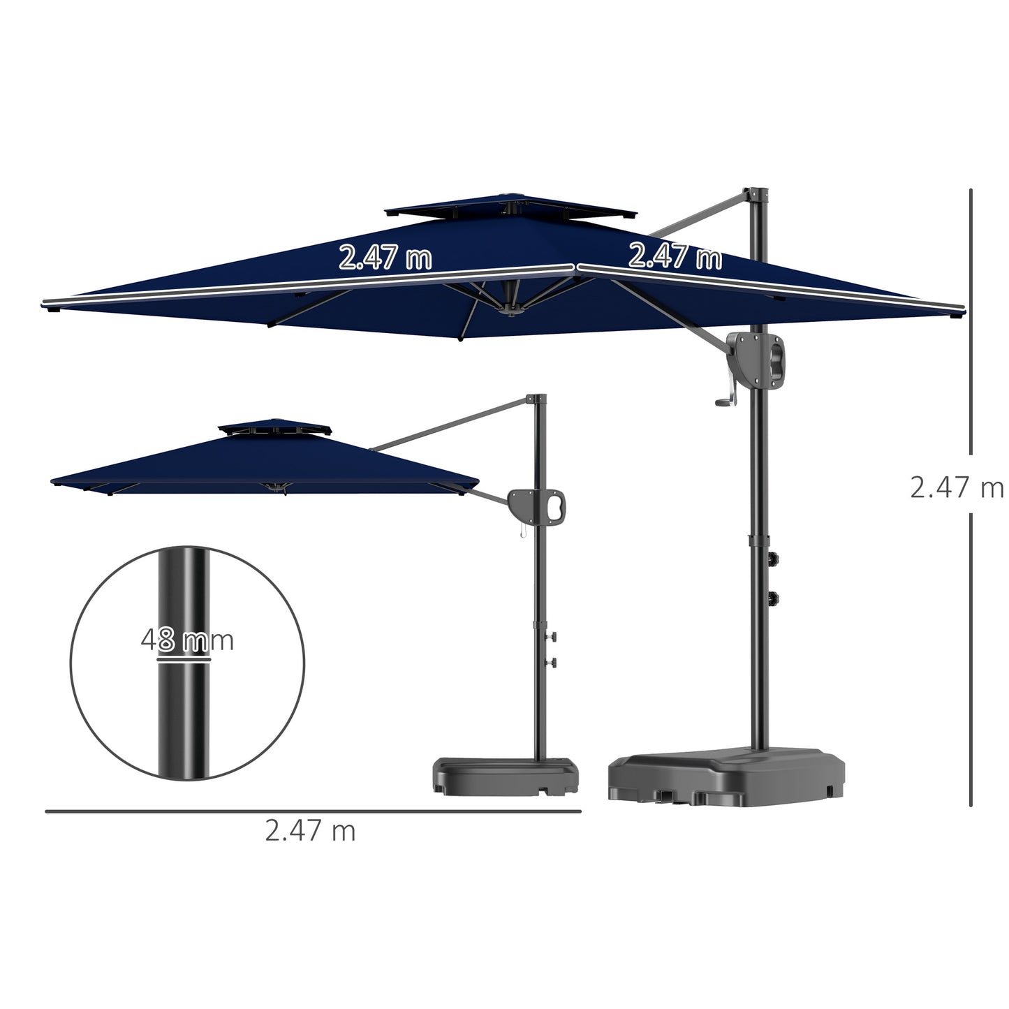 Outsunny Cantilever Parasol With Weighted Base Dark Blue Parasol Double Top Square Hanging Patio Umbrella Crank Tilt