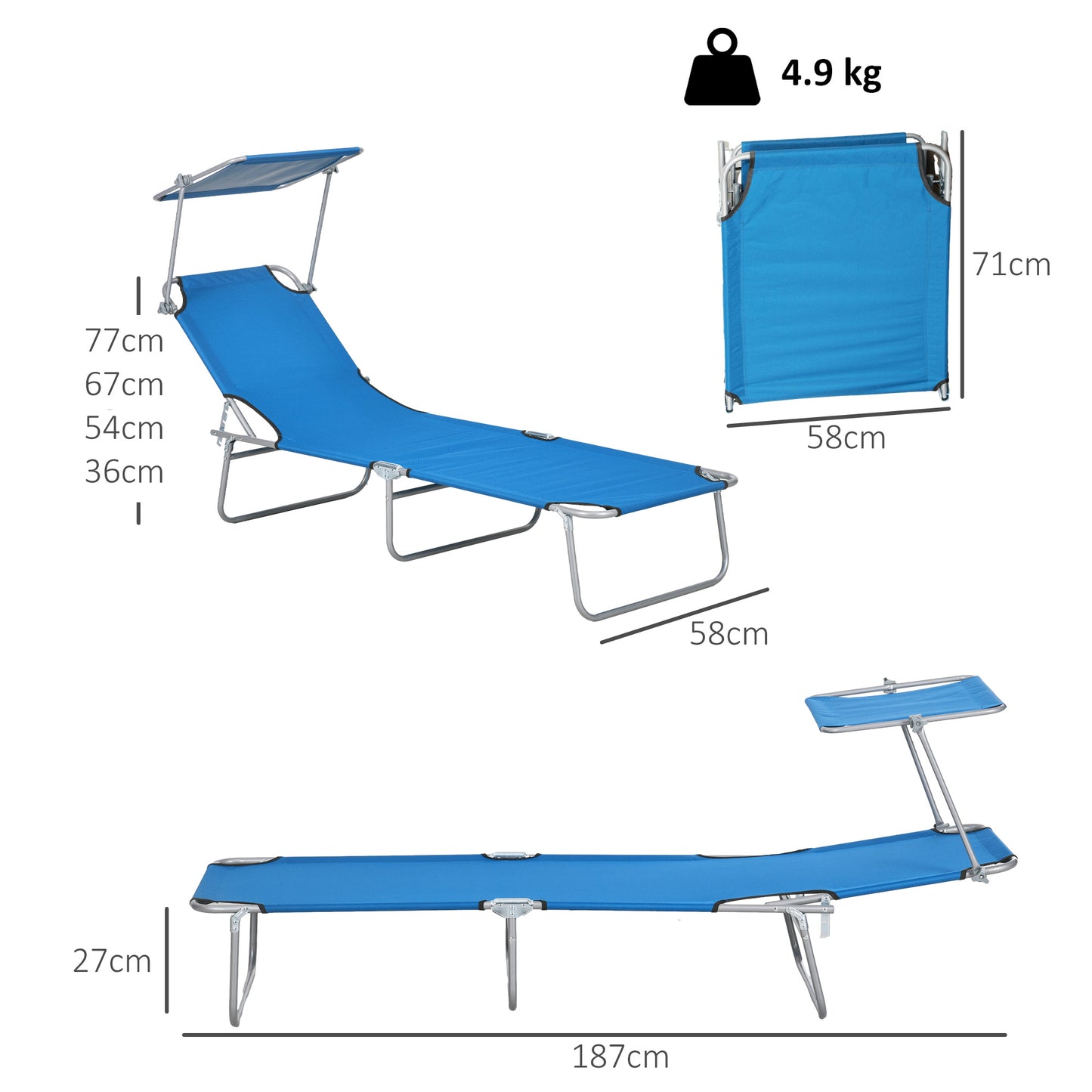 Outsunny Sun Lounger With Adjustable Face Canopy In Bright Blue For Sun Shade And Outdoor Comfort