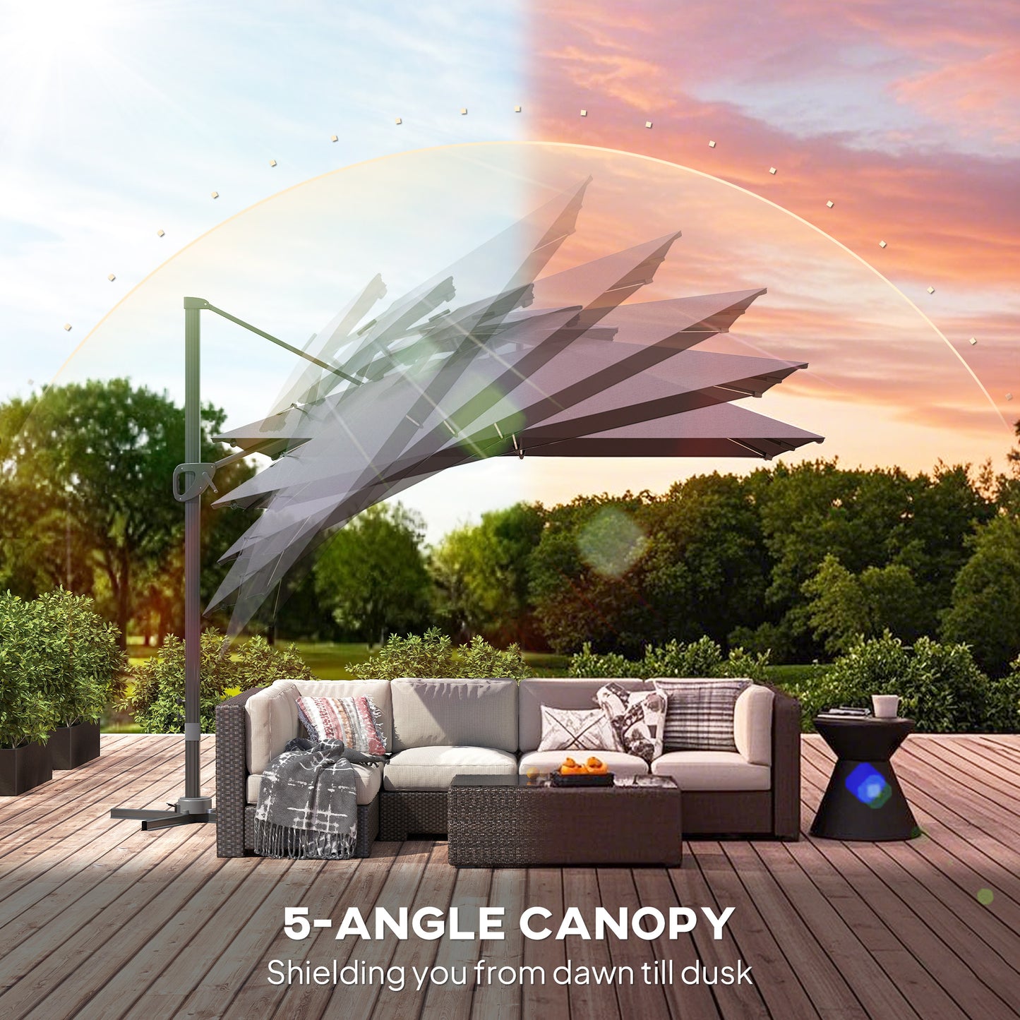Outsunny Cantilever Parasol With Solar LED Lights Crank Tilt Aluminium Square Patio Umbrella Cross Base UPF50 Grey