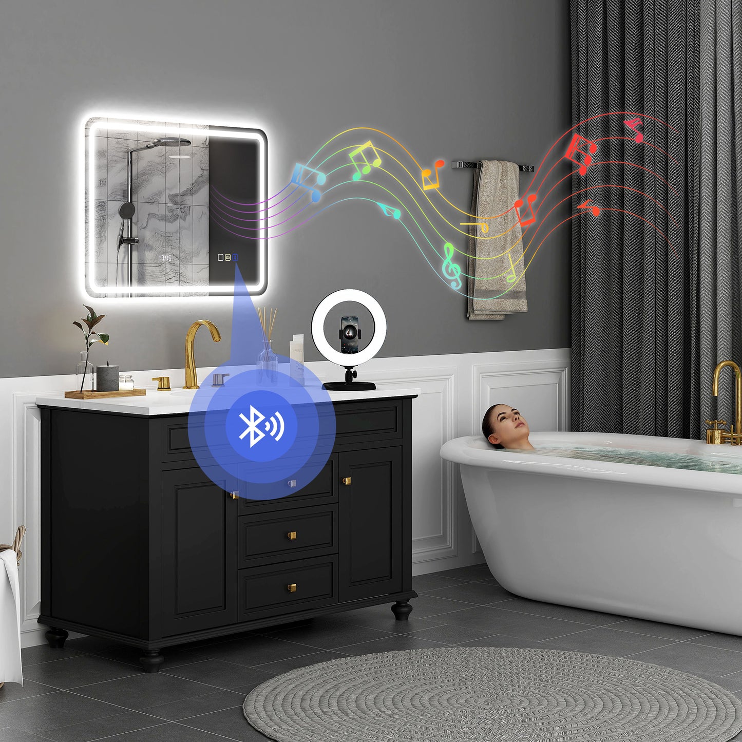HOMCOM 80 x 60 cm Bluetooth Bathroom Mirror With LED Edge Lighting Silver Tone For Clear Illumination