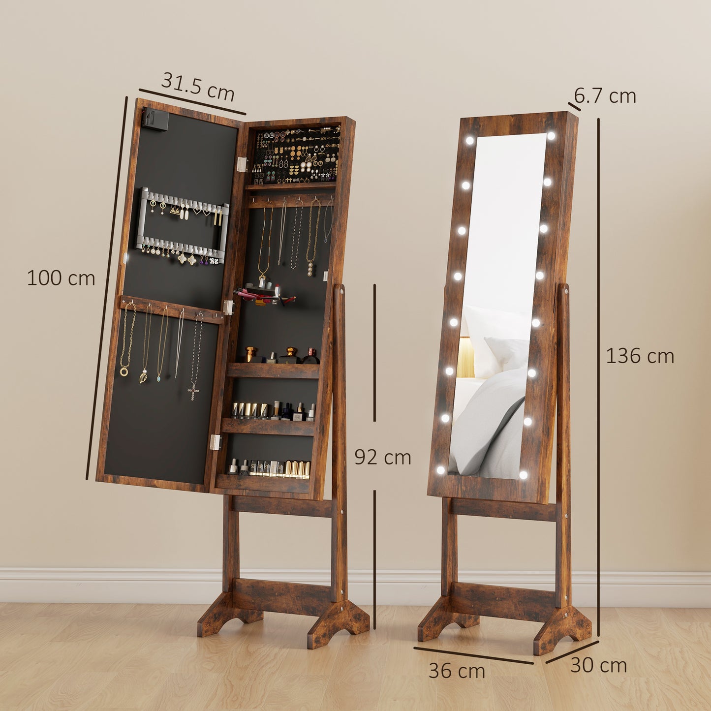 HOMCOM Freestanding Mirrored Jewellery Storage Cabinet Wood Effect With Longline Mirror And 16 LED Lights