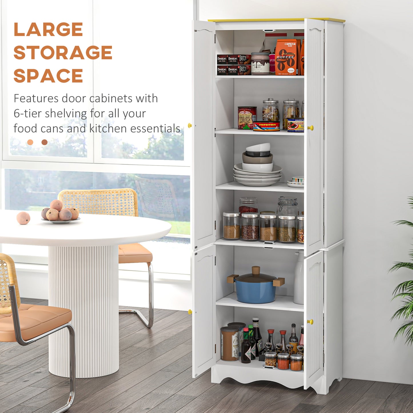 HOMCOM Freestanding Four Door Kitchen Cupboard Storage Cabinet With Six Internal Shelves 183cm White Wood Effect