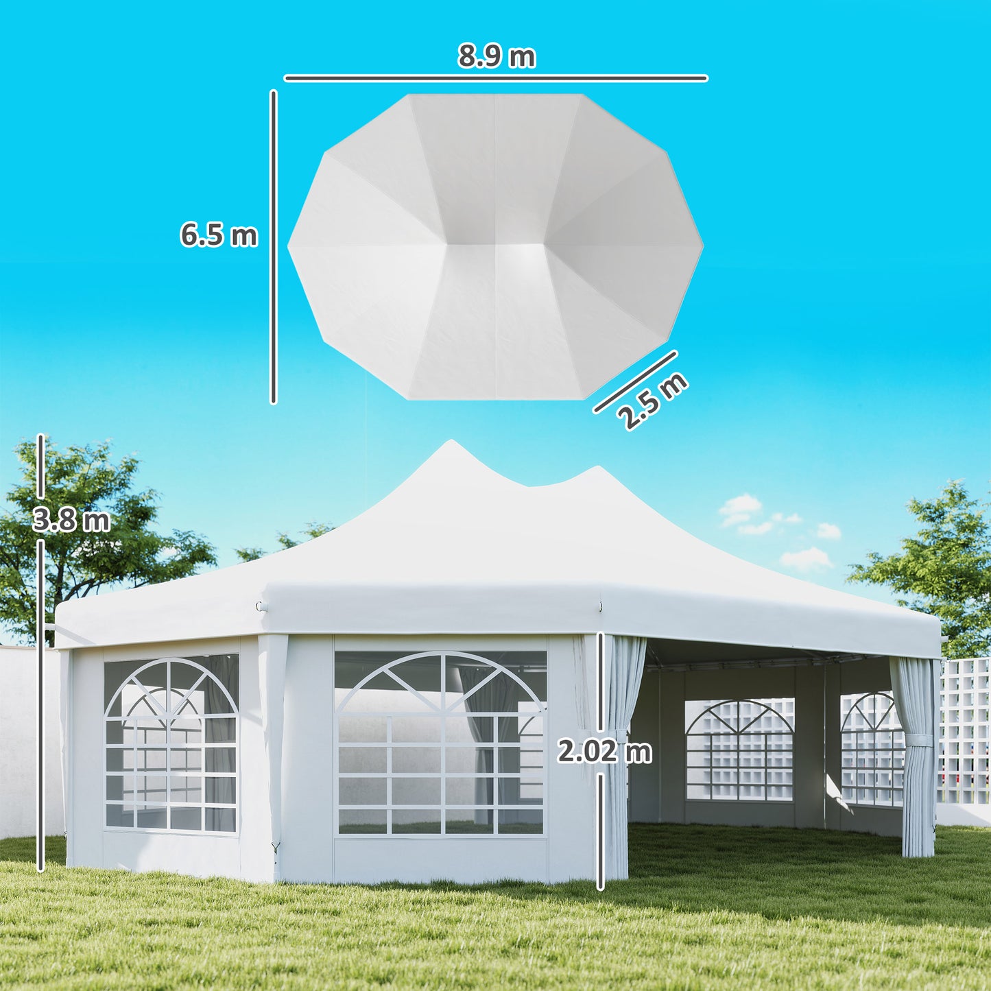 Outsunny 10 Sided Decagonal Garden Gazebo Marquee Party Tent Canopy With Durable Metal Frame 8.9m x 6.5m White