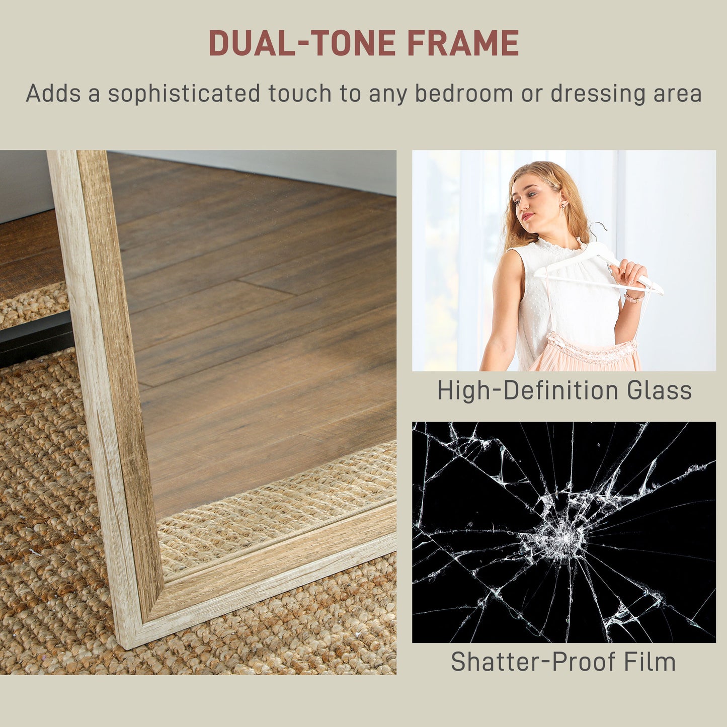 HOMCOM 162.6 cm Two Tone Full Length Mirror White and Oak Tone Floor Standing for Dressing and Outfit Checks