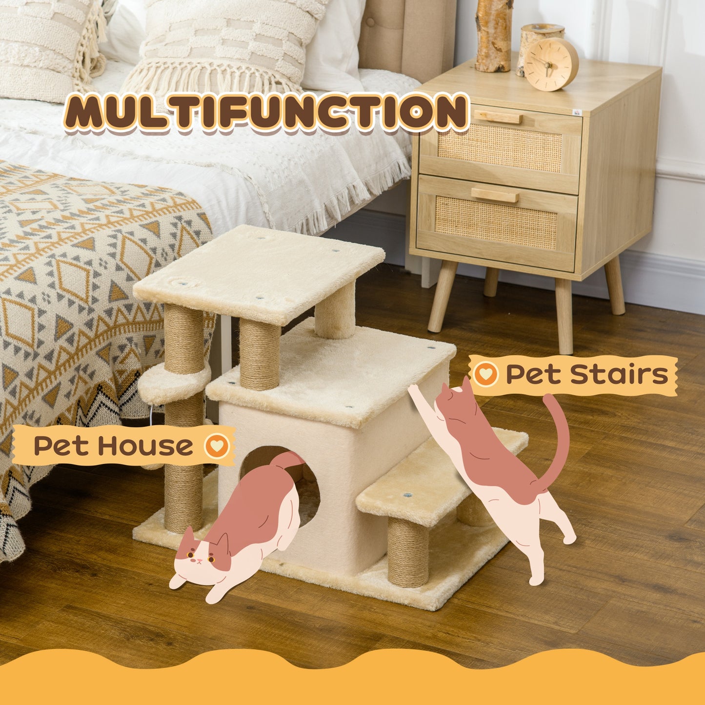 PawHut Adjustable Pet Stairs with Cozy Condo and Playful Hanging Ball - Beige