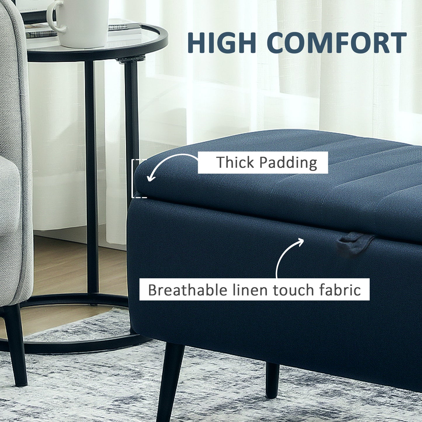 HOMCOM Linen-Look Storage Ottoman 92 x 31 cm with Padded Lid Dark Blue for Living Room and Bedroom